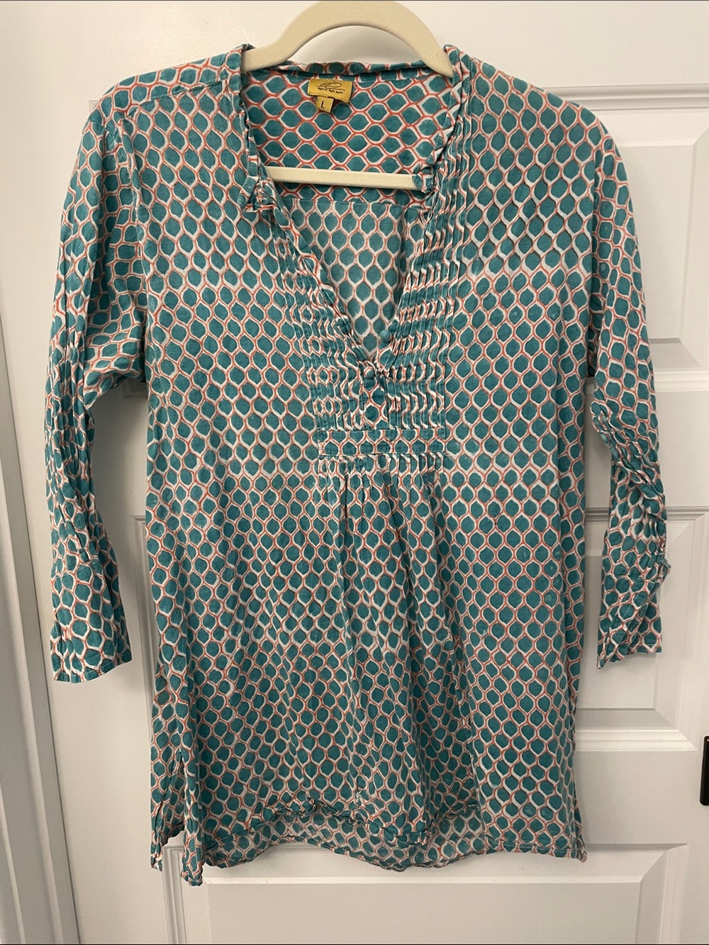 Roller Rabbit Teal & Cream Geometric Long-Sleeve Tunic Dress